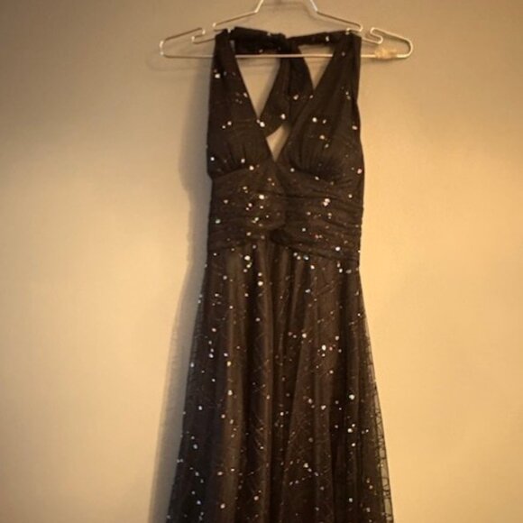 Vintage Y2K Adrianna Pappell Black Glitter Halter Dress - Picture 1 of 3